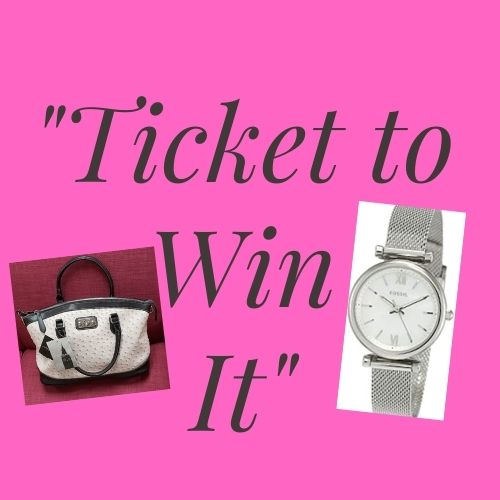 a pink poster with two different items and the words ticket to win it