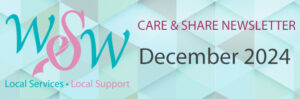 a blue and pink banner with the words care & share news letter on it